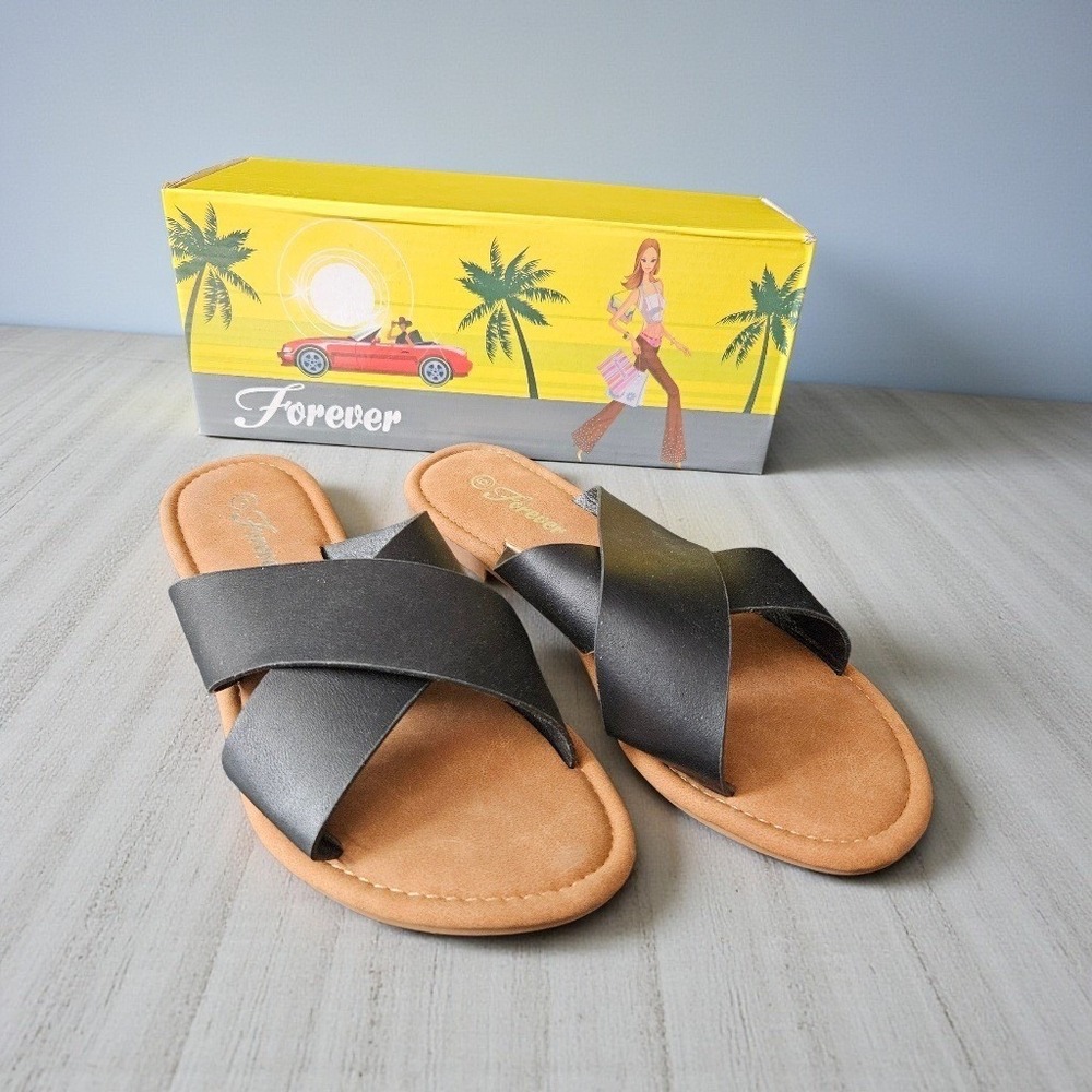 Forever Pasta-02 Womens Black Crisscross Slide Sandals Flat Slip On Size 7 NEW